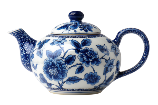 Blue and white porcelain teapot with floral pattern isolated on a transparent background ceramic