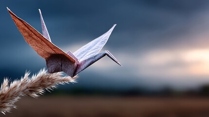 Origami crane bird on wheat with dusk sky background with freedom concept.