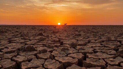 Vast Cracked Earth Under a Fiery Sunset with a Lone Animal Silhouette