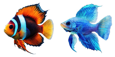 set of aquatic life fish isolated on transparent background