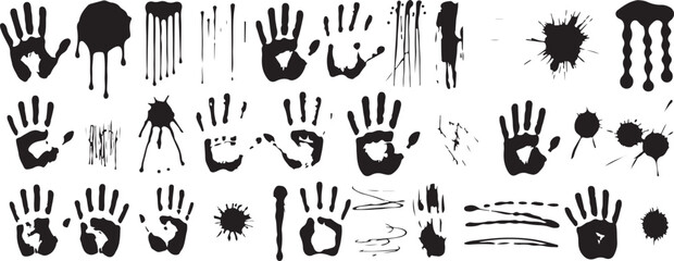 Handprint silhouette collection featuring splatters drips and various artistic vector elements
