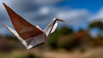Origami Crane Brown Paper Bird Flying Outdoors Against Sky and Nature.