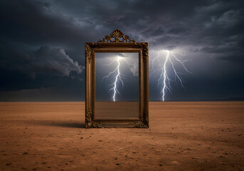 Ornate Empty Picture Frame in Desert Landscape with Lightning | Conceptual Portal to Stormy Weather