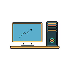 minimalist black outline icon of computer monitor with upward graph and desktop tower on desk symbolizing growth and technology on white background.