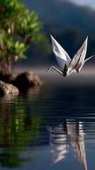 Origami Crane Soaring Above Calm Lake with Mountain  Tree Background  Tranquil Scene.