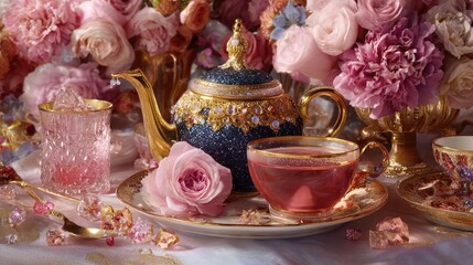  Elegant floral tea party still life with vintage teapot and teacups set