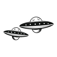 Two Retro Style Black and White UFOs Flying Saucers Illustration