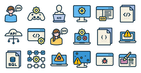 Programming icon set related to coding, technology, computer, software, data, code and others. vector illustration with lineal color style