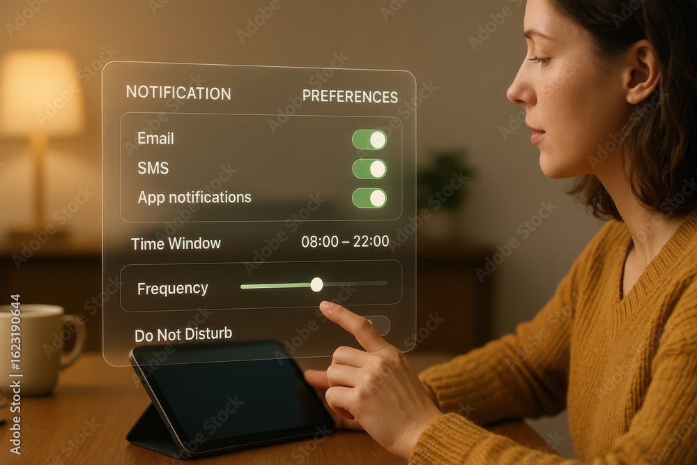 Poster woman customizing digital notification preferences on smart interface with email, sms, app alerts, t