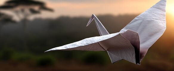 Origami Crane Soaring at Sunset Natures Serenity  Peace Concept.