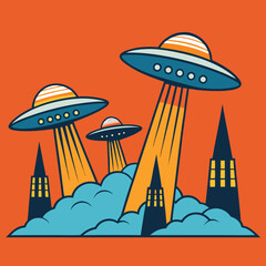 Retro Style UFOs Abducting City Buildings in a Whimsical Illustration © Sadhin07