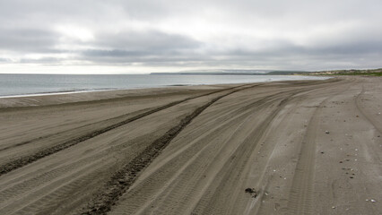 Tranquil beach scene with tire tracks on wet sand, gentle waves lapping at the shore, and overcast...
