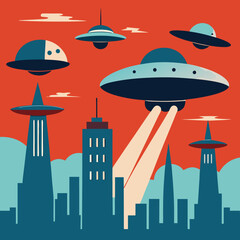 Retro Futuristic Cityscape with Multiple UFOs Flying Overhead