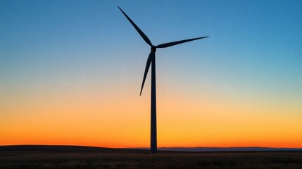 Obraz premium Silhouette of a wind turbine at sunset over a field.