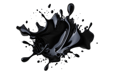 Black paint splash with dynamic fluid motion, creating an artistic and dramatic effect on a white background, showcasing creativity and expressive design potential