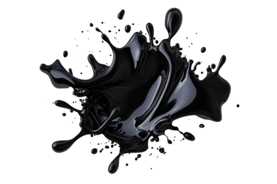 Black paint splash with dynamic fluid motion, creating an artistic and dramatic effect on a white background, showcasing creativity and expressive design potential