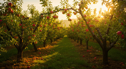Fototapeta premium Golden Sunlit Apple Orchard Harvest Season