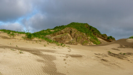 Sandy dunes with lush green grass on a hill under a cloudy sky, showcasing the natural beauty of...