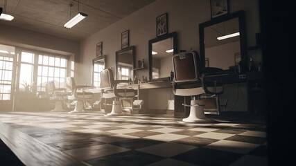 Vintage Barber Shop Interior with Sunlight and Checkered Floor, Empty Chairs