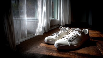 Pair of white sneakers on wooden floor near window with sheer curtains and sunlight.