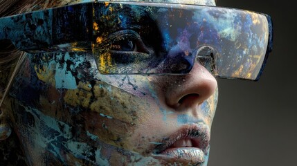 A woman wearing augmented reality glasses with an abstract digital landscape painted on her face, in a surreal and futuristic art style. 