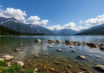 Beautiful mountain lake scene with a bright blue sky, perfect for travel, vacation, and nature-related content.