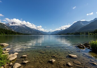 Calm, clear lake with a rocky shoreline and distant mountains, representing a serene natural landscape.