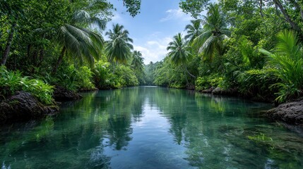 Tranquil river flowing through lush jungle