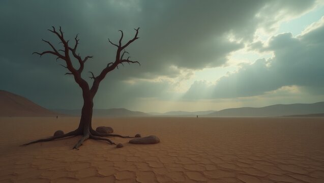 Dramatic desert landscape with a lone dead tree under stormy skies