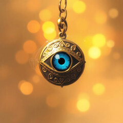 Evil eye protection charm, gold necklace, blue nazar amulet bokeh background