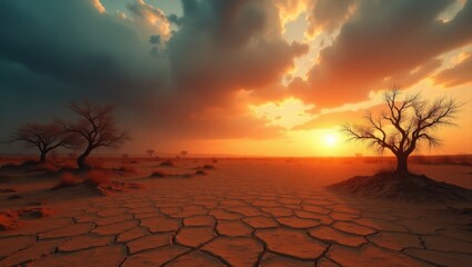 Arid landscape with cracked earth and dramatic sunset over silhouetted trees