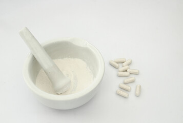 Antidepressants and medical bottle on light white background