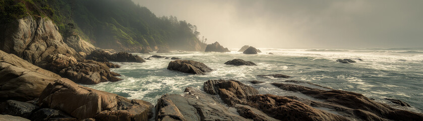 Dramatic coastal waves rocky shoreline nature photography foggy environment wide angle ocean serenity