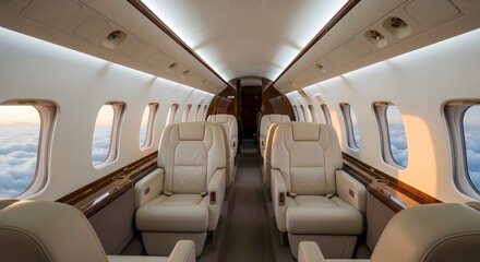 Business Class Airplane Interior: Inside a modern private jet, the interior design radiates opulence. the image is a perfect encapsulation of luxury air travel, showcasing spacious seating.