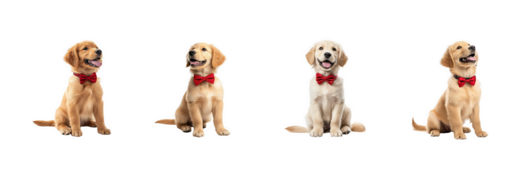 A golden retriever puppy with a red bow tie sitting and wagging its tail, isolated on a transparent background