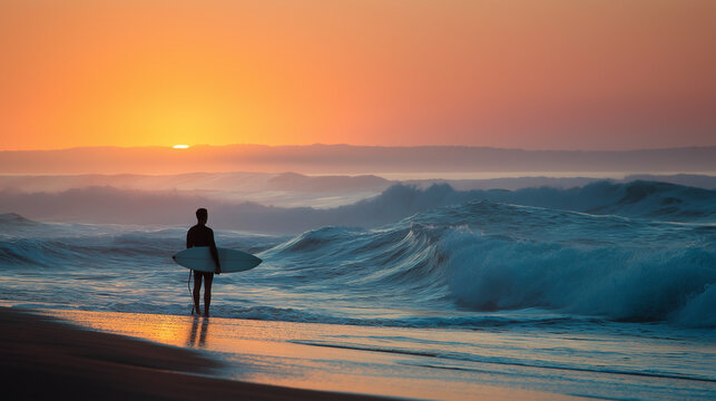Surfer embracing sunset waves beach photography tranquil side view adventure spirit