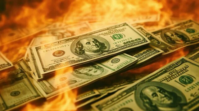 Flames Surrounding Burning Cash with Dollar Bills and Coins in a Dynamic Fire Scene 4k video footage