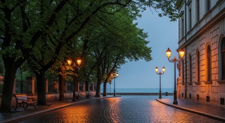 Wet cobblestone street with trees and lamps on a rainy evening