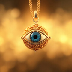Evil eye protection charm, gold necklace, blue nazar amulet bokeh background