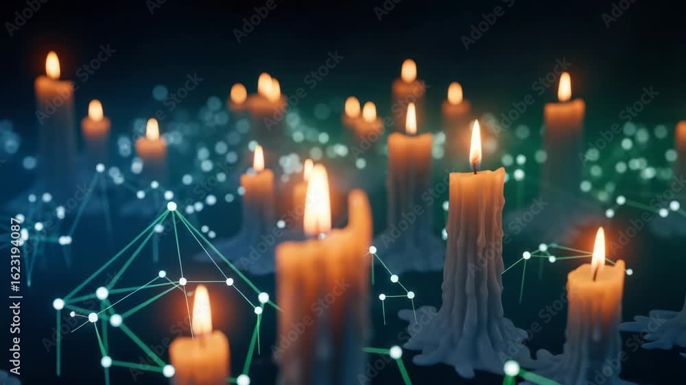 Poster a serene arrangement of flickering candles surrounded by glowing geometric connections creating a my