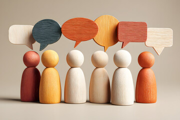 Wooden figures with speech bubbles above them representing communication and diverse perspectives shared