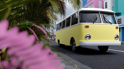 Pastel Yellow Vintage Bus on a Sunny Street with Palm Trees and Bright Buildings.
