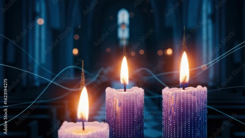 Poster three lit purple candles placed on a table in a dimly lit church with soft light illuminating the ba