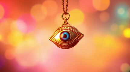 Evil eye protection charm, gold necklace, blue nazar amulet bokeh background