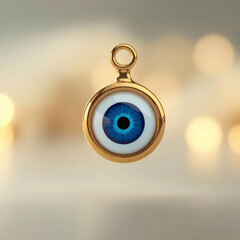 Evil eye protection charm, gold necklace, blue nazar amulet bokeh background