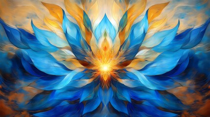Abstract Blue and Gold Flower Painting,  Vibrant Floral Art,  Intricate Petals,  Digital Artwork