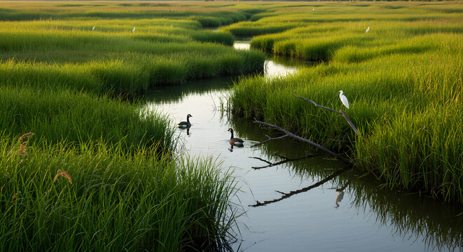 Geese swimming in a sunlit marshland stream