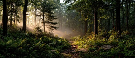 Obraz premium Misty forest path at dawn