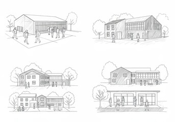 Set of architectural concept sketches of various modern building exteriors