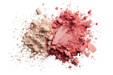 Two shades of loose powder, blush and highlighter, exploded on black background.  Soft pink and peachy tones
